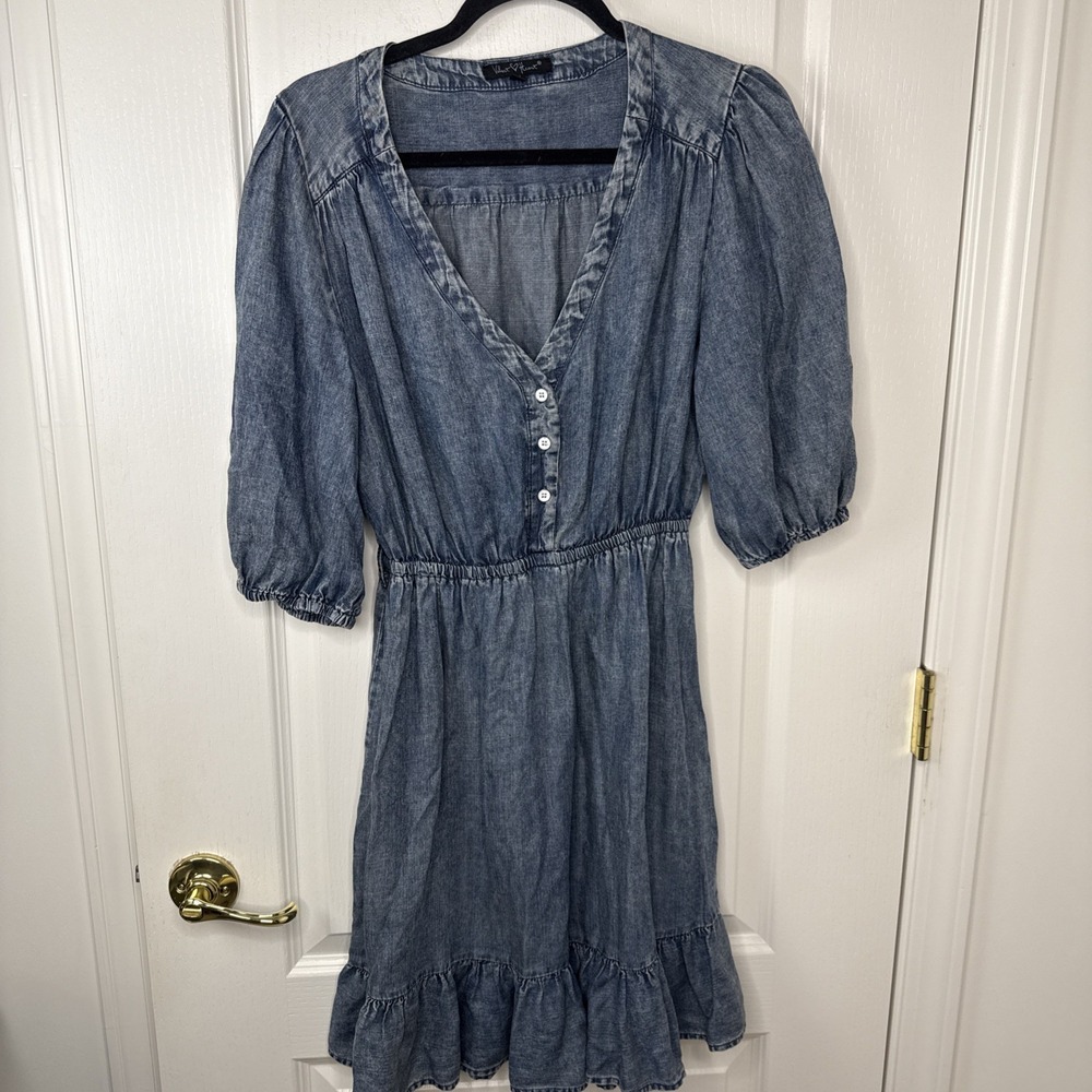 Velvet Heart Womens Small Chambray Denim Tiered Midi Dress Puff Sleeve